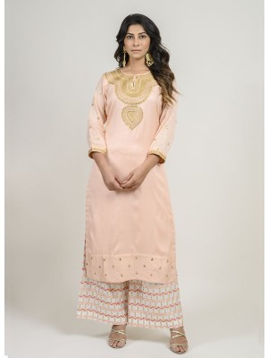 Peach Spun Silk Kurta with Golden Aari Embroidery