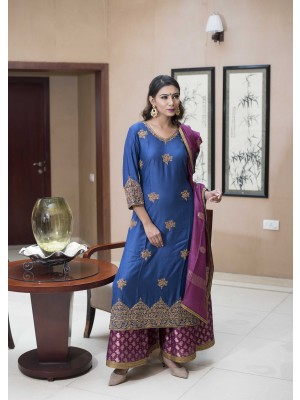 Blue Malai Silk Hand Embroidered Kurta