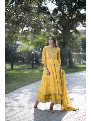 Yellow Muga Silk Hand Embroidered Anarkali