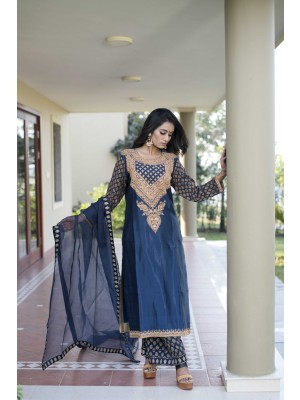 Blue Gaji Silk Hand Embroidered Abha Kurta