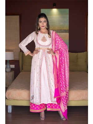 Pink Dupioni Silk Hand Embroidered Kurta