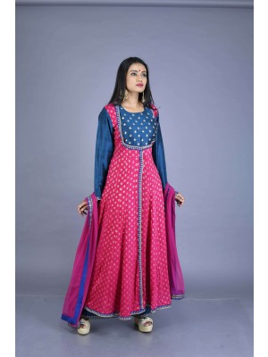 Magenta Muga Butti Hand Embroidered Angarkha 