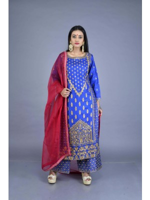 Blue Tussar Muga Hand Embroidered Kurta