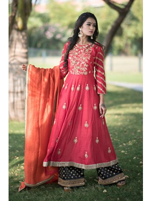 Red Muga Silk Hand Embroidered Anarkali 