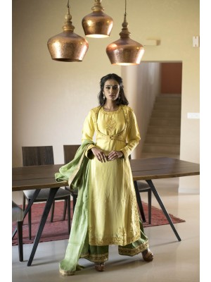 Yellow Dupioni Silk Hand Embroidered Set