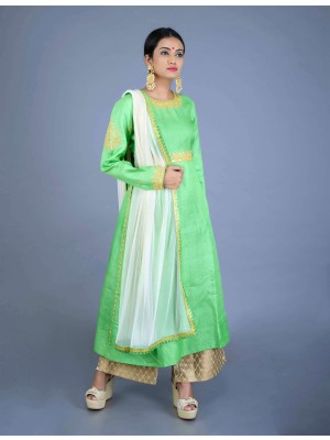 Green Tussar Muga Silk Hand Embroidered Kurta