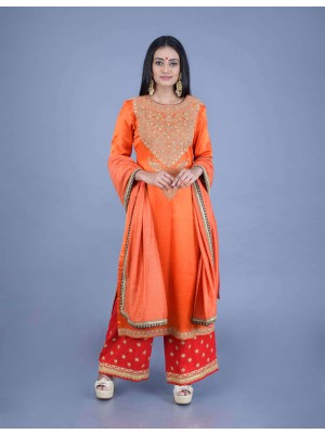 Orange Gaji Silk Hand Embroidered Kurta