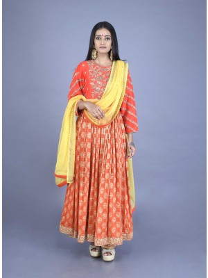 Orange Muga Butti Hand Embroidered Anarkali 