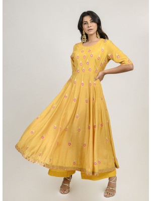 Yellow Mulberry Silk Anarkali with Mochi Embroidery
