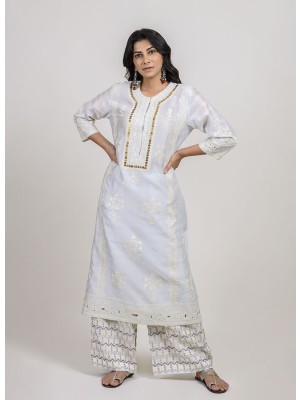 Grey Chanderi Kurta with Lucknowi Chawal Taka Embroidery
