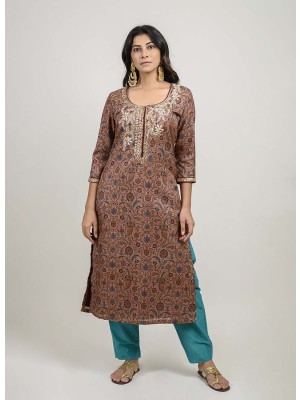 Brown Cotton Printed Kurta