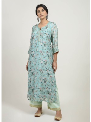 Green Printed Mulberry Silk Kurta 