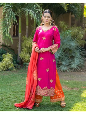 Pink Raw Silk Hand Embroidered Kurta