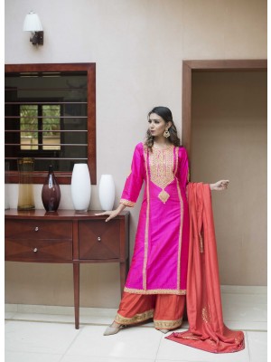 Pink Raw Silk Hand Embroidered Kurta