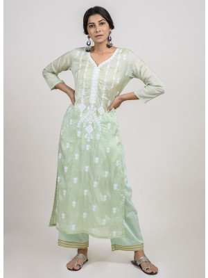 Pista Green Cotton Silk Kurta with Resham Embroidery